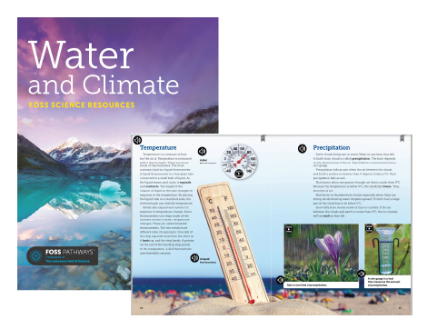 The cover of Foss Water and Climate science resources and a two page spread of what is found within the book